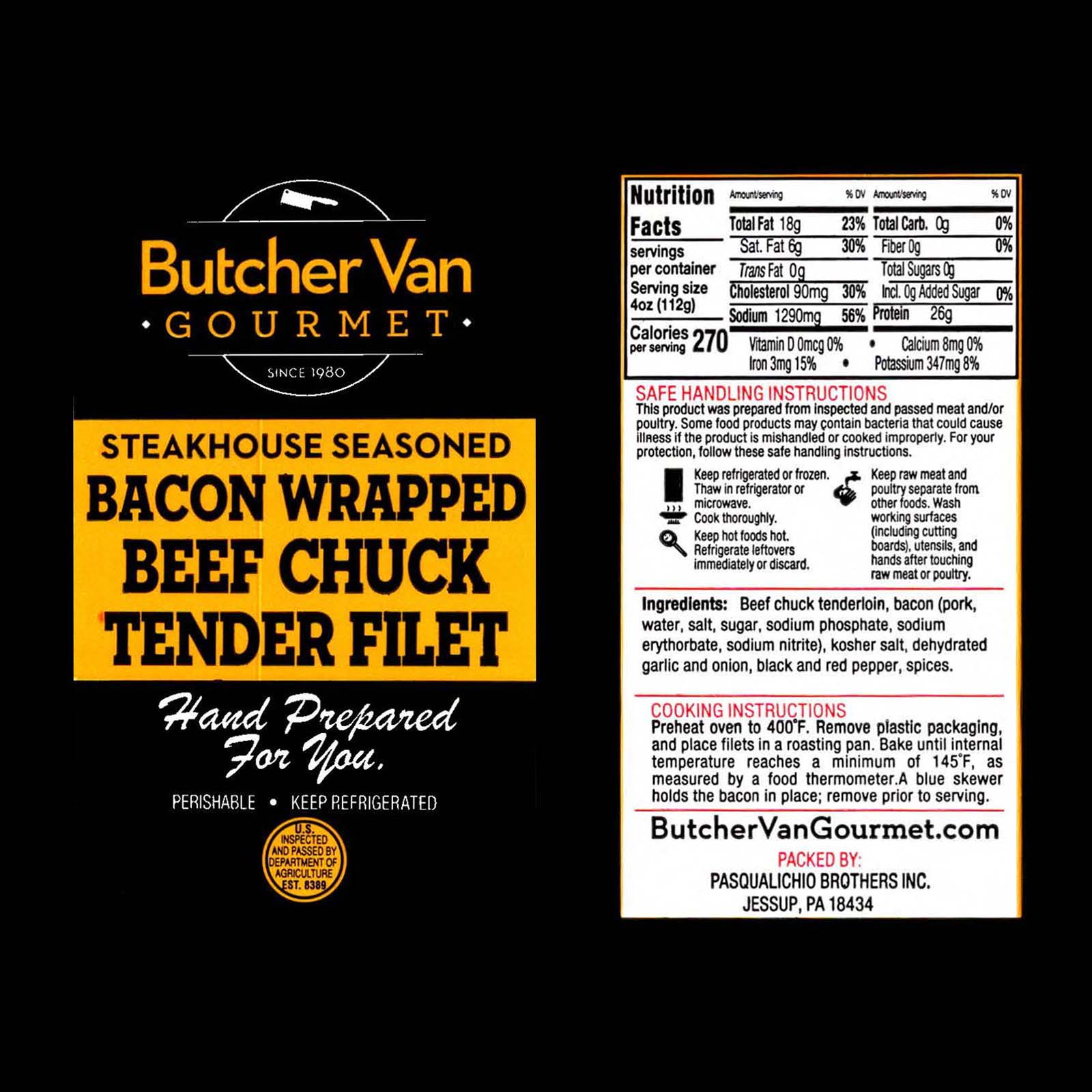 Steakhouse Seasoned Bacon Wrapped Beef Chuck Tender Filet